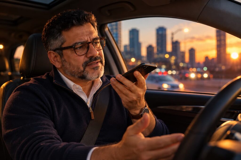Marcus talking on speakerphone while driving home at sunset