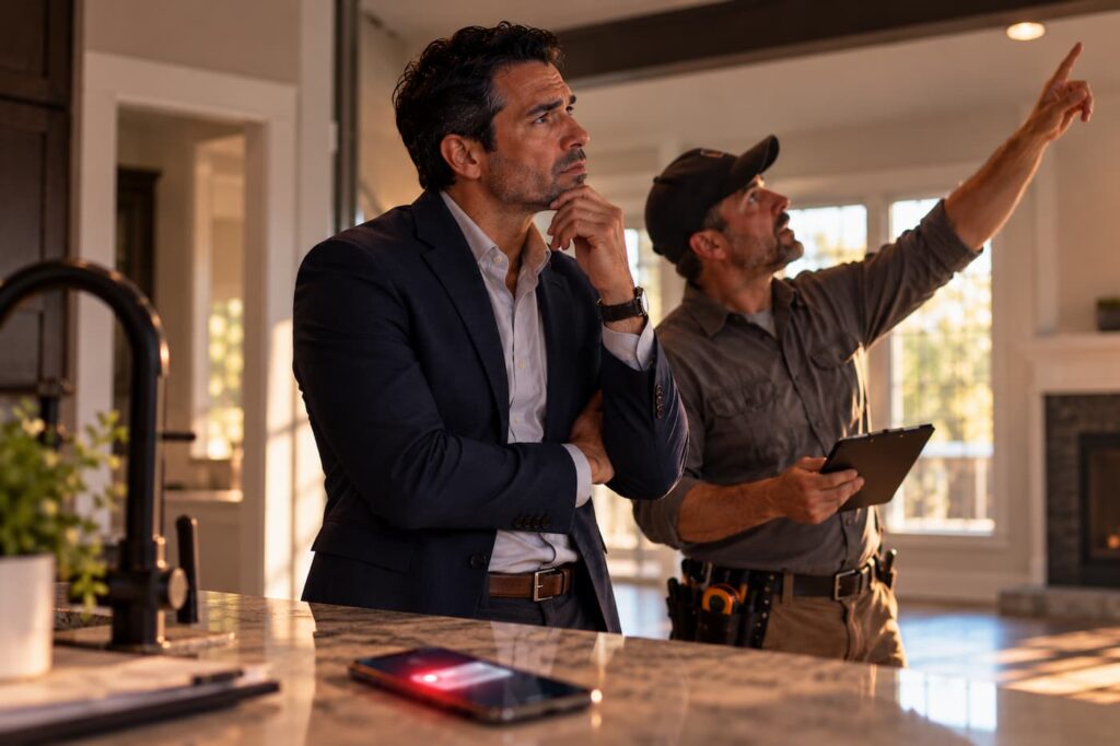 Realtor at a home inspection while a new message lights up his phone