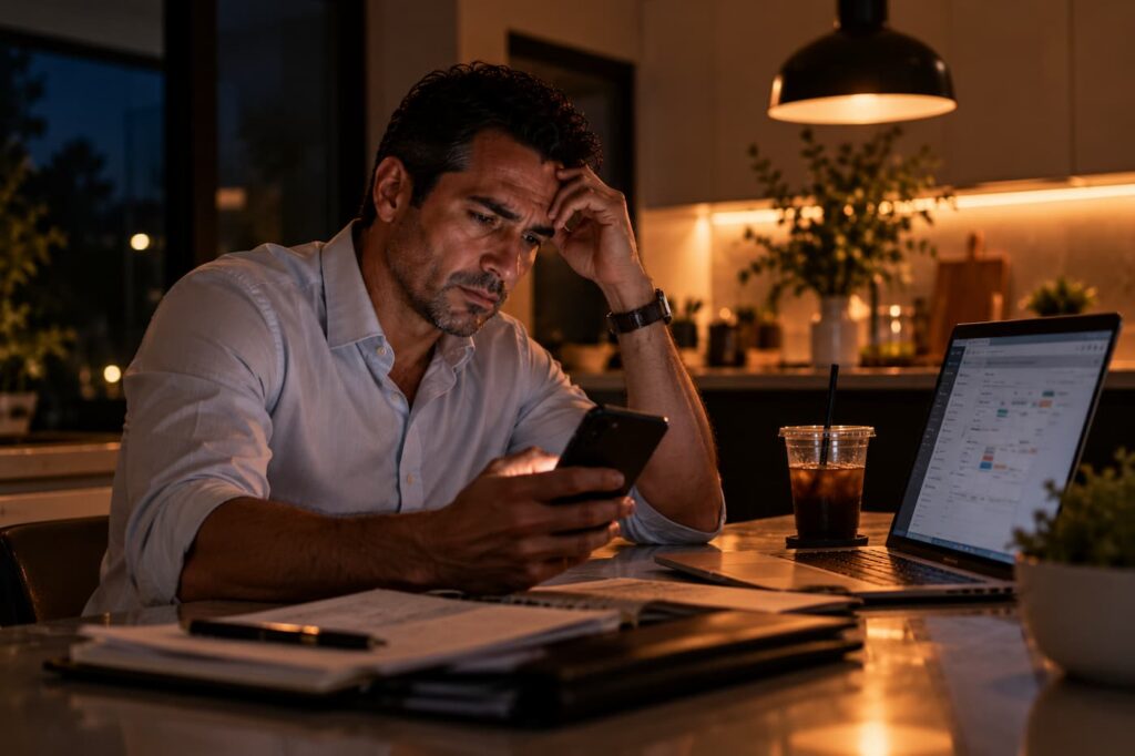 Realtor alone at his kitchen table at night reading messages he missed