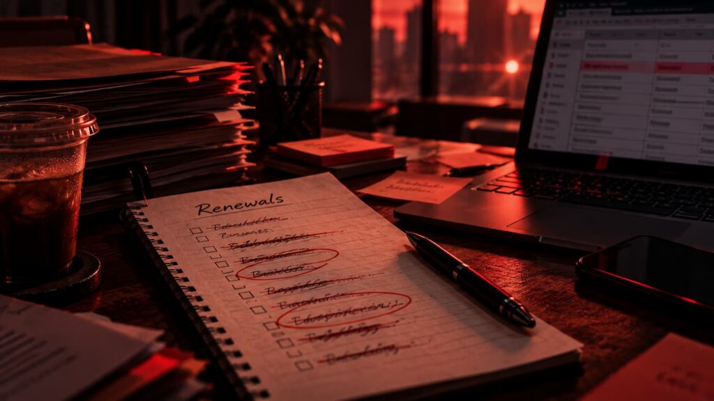 Cluttered desk with a handwritten list of insurance renewals and sticky notes