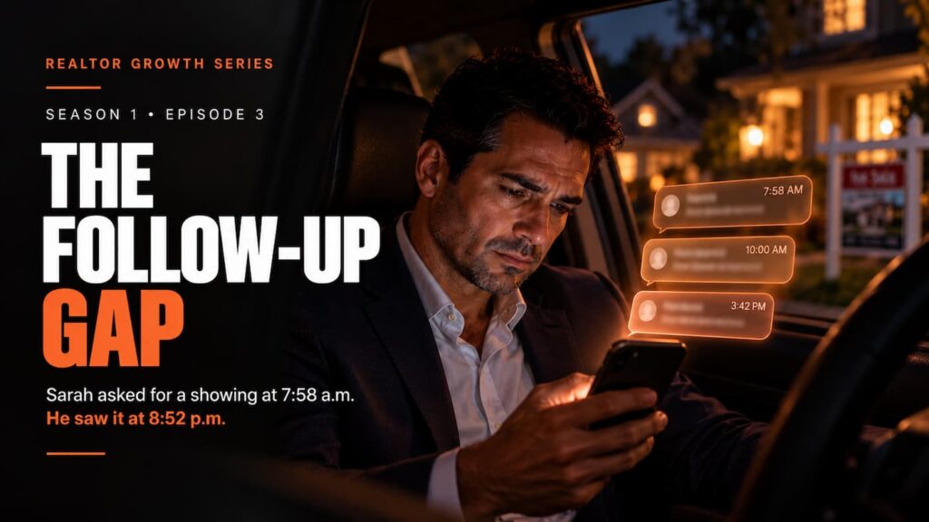 Realtor in his car at night reading three unanswered messages from a buyer