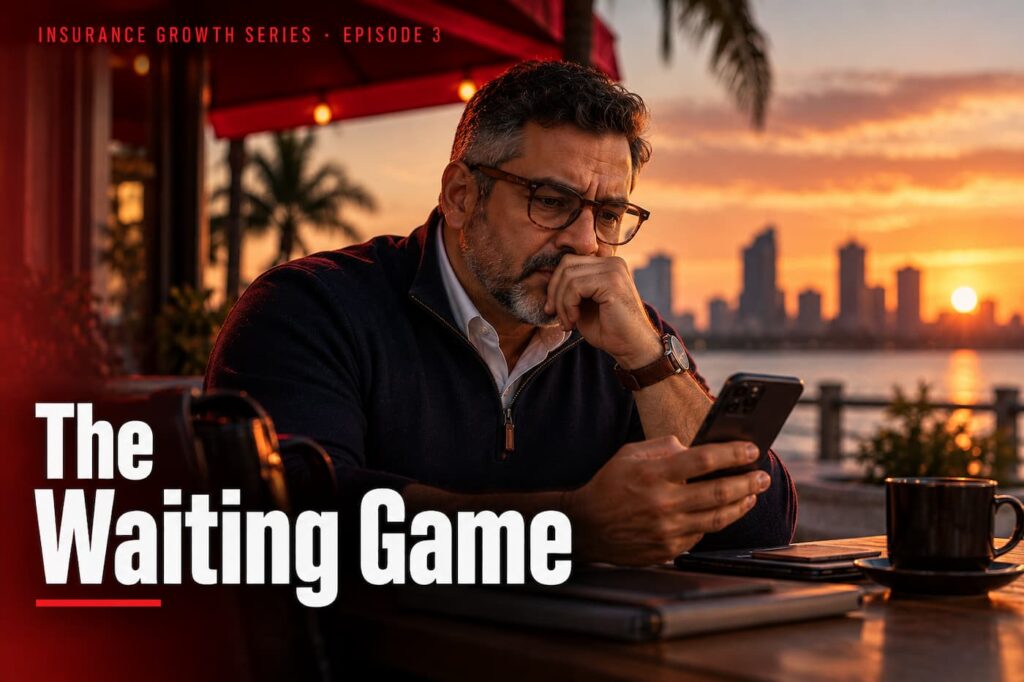 The Waiting Game, Insurance Growth Series Episode 3 cover with Marcus checking his phone